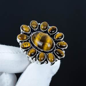 Anillos de Plata de Ley 925 con Diseño Floral y Piedra Natural de Ojo de Tigre en Forma de Flor, Joyería Fina Clásica para Mujer, Precio al por Mayor - Product Image 1