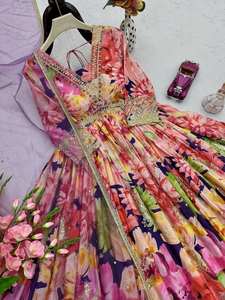 Conjunto de Vestido Anarkali Elegante con Estampado Floral Unity Luxure, Cuello en V, Dupatta Bordada, Tela Georgette Transpirable para Fiestas de Verano - Product Image 6