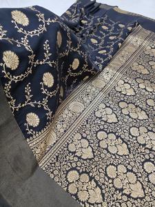 Hermoso Saree de Seda Suave Mashru Kataan con Zari Tejido, Banarasi Jaal, Pallu de Zari Rico, Blusa Tradicional para Fiesta, Pieza Sun - Product Image 4