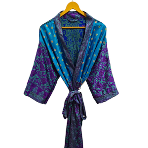 ชุดกิโมโนผ้าไหมส่าหรีลายดอกไม้แนววินเทจชุดคลุมส่าหรีชุดปาร์ตี้ชายหาดผ้านุ่มทำมือสไตล์อินเดีย - Product Image 1