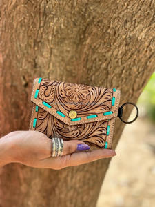 New Real Western Stylish Handcrafted Tooled Leather Fringe Clear Stadium <b>Bags</b> Color Tooled Leather Coin <b>Change</b> Keyring Wallets - Product Image 5