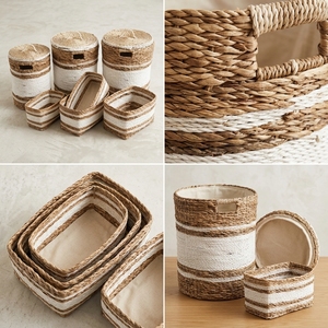 Natural Banana Bark Recycled <b>Plastic</b> <b>Basket</b> Set White Stripe Laundry Hamper With Lid Organizer Bin Setup Pure Art Room Decor Art - Product Image 3