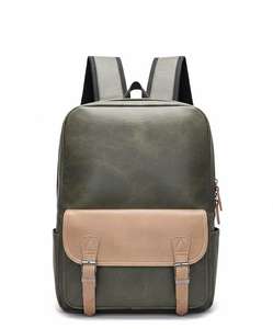 Classic Two Tone Genuine <b>Leather</b> <b>Backpack</b> Retro Design School and Daily Use Bag with Zipper and Front Pocket with Buckle - Product Image 1