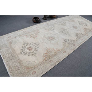 Alfombra turca Rectangular clásica Vintage de 4,6x12,5 pies hecha a mano Beige gris diseño de retazos respetuoso con el medio ambiente - Product Image 2