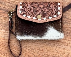Premium Quality Hand <b>Tooled</b> <b>Leather</b> Small Wristlet Coin Purse Western Hair on Cowhide <b>Leather</b> Multi Uses Mini Wallet for Women's - Product Image 4