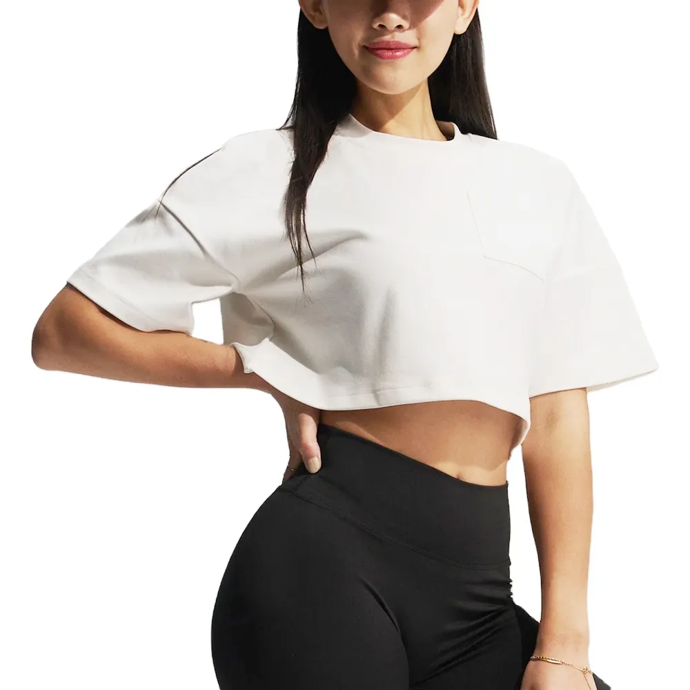 女性用クロップトップ無地染め綿カスタムロゴクロップトップ180gアンチリンクルクロップドTシャツ