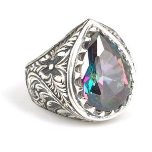 Men's 925 <b>Sterling</b> <b>Silver</b> Drop-Shaped Mystic Topaz Stone Pen-Style <b>Ring</b>-Bezel <b>Set</b> Pear & Princess Cut - Product Image 1
