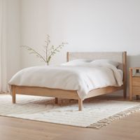 Base de Cama King Size de Madera de Teca Sólida con Cabecera Tapizada, Color Natural, Diseño Moderno para Muebles de Dormitorio