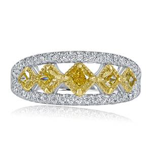 1.23Ct Alianza de boda de cojín amarillo intenso natural, anillo de bodas de diamante de 5 piedras Oro blanco de 14K, anillo de aniversario, anillo de regalo - Product Image 3