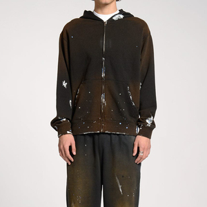 เสื้อมีฮู้ดพิมพ์ลายด้วยมือทรงโอเวอร์ไซส์ผ้าคอตตอนมีซิปรูดแบบสบายๆ - Product Image 3