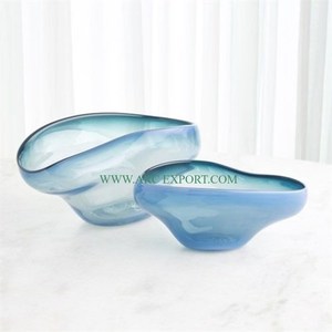 Juego de 2 tazones decorativos para servir comida y frutas, mesa de fiestas de boda de cristal azul de diferentes tamaños, cuencos hechos a mano recién llegados - Product Image 1