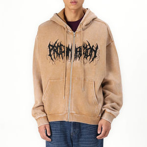 Sweat à capuche pour homme en coton éponge français, léger, zippé, avec broderie en strass, lavé à l'acide - Product Image 1