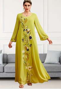 Nuevo vestido islámico elegante y digno para mujer con cuentas bordadas impresas Abaya verde claro vestido estampado con cuello levantado - Product Image 2