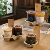 Plateau porte-gobelets jetable en pulpe de papier écologique AT PACK avec logo personnalisé pour 2 gobelets, idéal pour les boissons à emporter