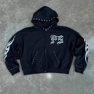 Sweat à capuche streetwear d'hiver pour homme, entièrement zippé, 100% coton, coupe oversize, avec strass et impression personnalisée, grammage lourd - Product Image 3