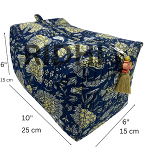 Bolsa de Compras y Viaje Acolchada Azul Oscuro y Amarilla, Ecológica, Estilo Vintage, con Cierre, para Cosméticos y Maquillaje, con Estampado a Mano - Product Image 2