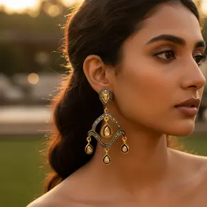 Bijoux indiens de luxe, plaqué or, boucles d'oreilles en forme de larme avec diamants - Product Image 3