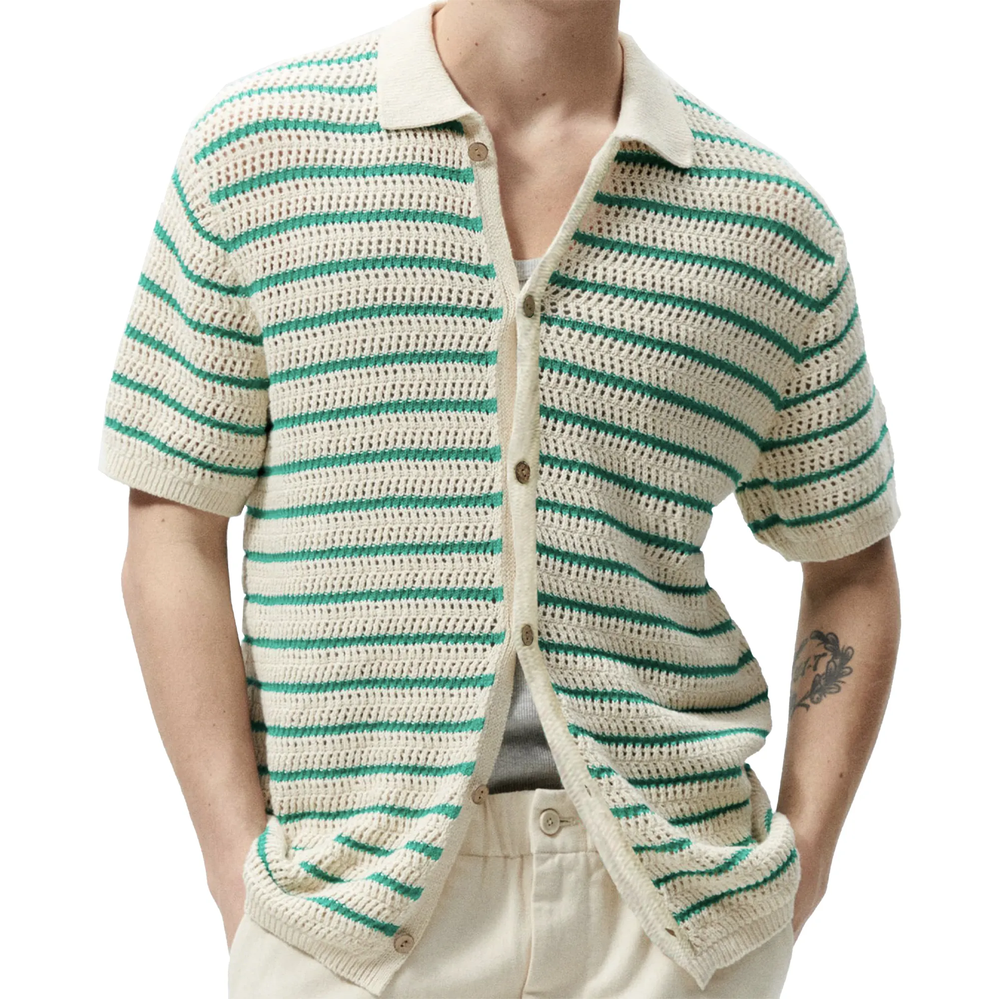 Cardigan in maglia con Logo estivo personalizzato in cotone lavorato a maglia con maniche corte abbottonatura da uomo camicie all'uncinetto