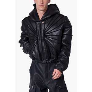 Sudadera corta con capucha de cuero negro - Product Image 1