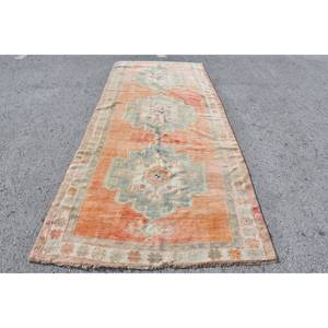 Tapis turc vintage de 4,8 pieds x 11,4 pieds, tissage plat en laine patchwork orange et bleu pour décorations de salon avec support en latex - Product Image 1