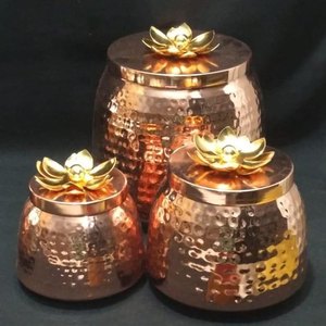 Different Size 3 Piece Brass Hammered Dry Fruit Jar With <b>Flower</b> Design Lid With Copper Color Tabletop Storage Jar - Product Image 1
