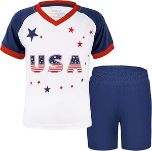 USA Flag Jersey Set White Blue <b>Red</b> Shorts Polyester Kids Sports Wear Lightweight National Day Outfit - Product Image 1