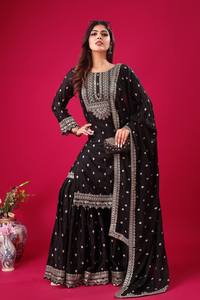 Haute qualité lourde brodé Salwar Kameez pakistanais-indien Sharara robe de mariée dans le style de fête occasions spéciales de mariages - Product Image 5