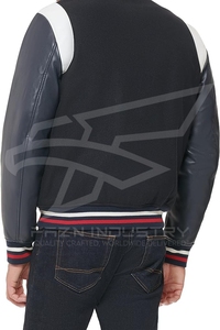 Veste universitaire à logo personnalisé pour hommes, col montant, manches en cuir, broderie, automne, noir, vestes de baseball Letterman pour hommes - Product Image 4