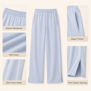 <span class=keywords><strong>Pantaloni</strong></span> da donna a gamba larga <span class=keywords><strong>con</strong></span> elastico in vita, casual, larghi, <span class=keywords><strong>con</strong></span> <span class=keywords><strong>tasche</strong></span> <span class=keywords><strong>con</strong></span> cerniera, striscia laterale a quadri e orlo <span class=keywords><strong>con</strong></span> cerniera - Product Image 5