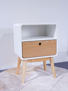 Table de chevet moderne en MDF éco-responsable et durable, placage frêne, accents blancs en bois d'hévéa, couleur naturelle, mobilier de chambre pour hôtel et appartement - Product Image 2