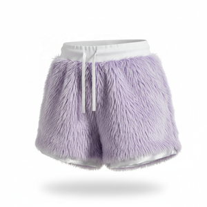 Shorts pour femmes en polyester, taille mi-haute, avec fermeture éclair, en velours tissé doux et fausse fourrure, couleur unie, pour le sport et la gym, personnalisables avec volants - Product Image 3