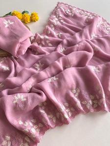 ผ้าส่าหรีจีชิมเมอร์ที่มีด้ายสีขาวสวยงามสำหรับงานปาร์ตี้ - Product Image 6