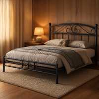 Cadre de lit en métal noir, taille double, avec tête de lit décorative à motifs, lattes de support robustes pour chambre à coucher et hôtel