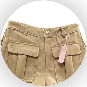 Pantalones cortos de cuero teñidos lisos transpirables de tela de Cuero 100% de ajuste Regular para mujer con bolsillo frontal con logotipo de marca personalizado - Product Image 5