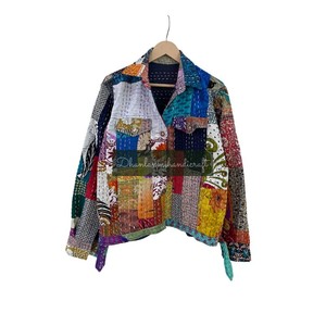 Chaqueta vaquera de algodón y seda de talla grande, chaqueta Kantha Vintage de retales, abrigo hecho a mano para casa de verano, botón multicolor - Product Image 1