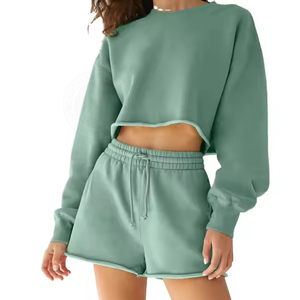 100% algodón personalizado verano 2 piezas pantalones cortos conjuntos mujeres alta calidad Casual al aire libre más vendidos patrón sólido cremallera parches - Product Image 1