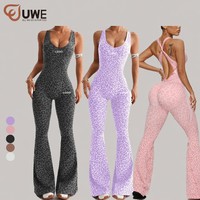 Combinaison de yoga une pièce pour femme, motif léopard, taille en V, dos croisé, pantalon évasé, pour la gym