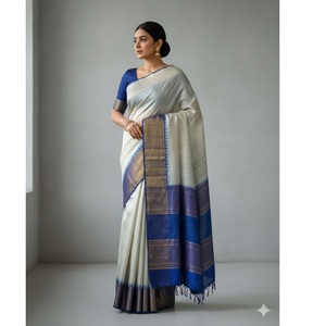 Sari de Seda Ghicha Azul y Crema Premium, Diseño Elegante y Atemporal para Ropa Tradicional Femenina de la India - Product Image 1