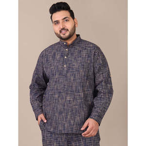 Amanush <b>Men's</b> Plus Size Navy Blue Plaid Mandarin Collar Casual Shirt Full Sleeve Regular Fit 100% Cotton Autumn Wear - Product Image 1