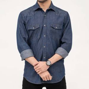 Chemises grande taille personnalisées pour hommes Jeans décontractés à manches longues en coton dernier modèle tissé tricoté respirant en denim délavé - Product Image 2