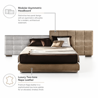 Lit King Moderne de Luxe Italien en Cuir Nappa Bicolore avec Tête de Lit Modulaire Asymétrique, Cadre en Bois de Pin, Confortable, Gain de Place, Rembourré