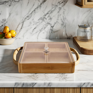 Premium 4-Compartment Beech Wood <b>Snack</b> <b>Box</b> with Lid & Handles - Decorative Wooden Nuts & Sweets Serving Tray - Product Image 2