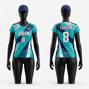 Camiseta de Voleibol para Mujer de Poliéster 150GSM, Ligera y Transpirable, en Verde Azulado y Azul Marino, Paneles Angulares, Sublimación Completa, Diseño de Logotipo Personalizado para Equipo - Product Image 1