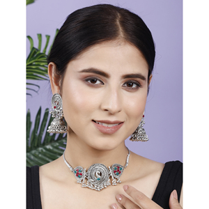 GS Peacock <b>Choker</b> with Zircon Green Maroon Flower Design for Party Occasions - Product Image 2