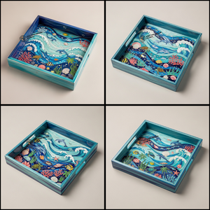 Plateau de service en bois artisanal indien en gros, art de la meena, dauphin de l'océan, fait à la main, décoratif, carré, biodégradable, décoration de la maison - Product Image 4