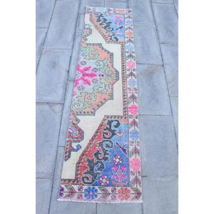 Alfombra Turca Vintage de Lana de 1.8x6.8 pies, Diseño de Patchwork Ecológico, Alfombra Marroquí Azul con Respaldo de Látex - Product Image 1