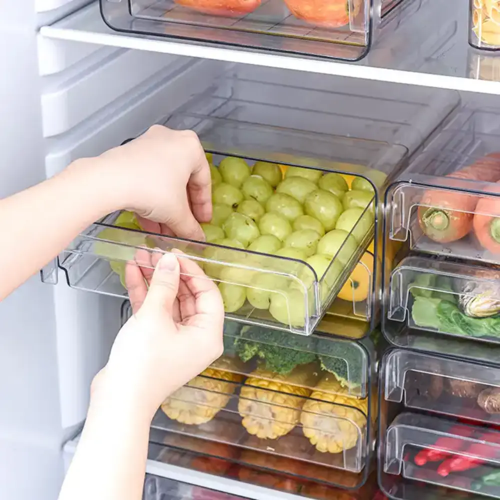 Organizador empilhável atacado do refrigerador para o recipiente do armazenamento do refrigerador do vegetal e do fruto no vietnam plástico fabricante