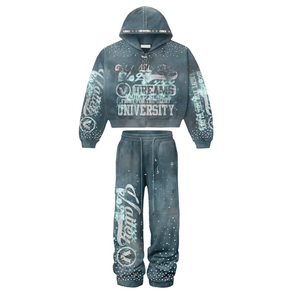 Ensemble survêtement vintage délavé à l'acide personnalisé, 2 pièces, streetwear, sweat-shirt à strass, jogging, survêtement pour hommes - Product Image 4