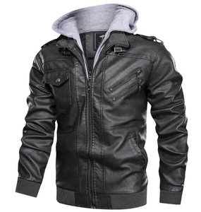 Chaqueta de moto informal con cremallera y diseño personalizado de alta calidad para hombre, venta al por mayor de cuero PU con cuello levantado y capucha - Product Image 2
