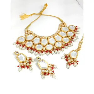 Ensemble de collier vintage plaqué or avec perles Kundan pour femmes et filles, pour mariage et cadeau, comprend une bague, bijoux de mariée raffinés - Product Image 5